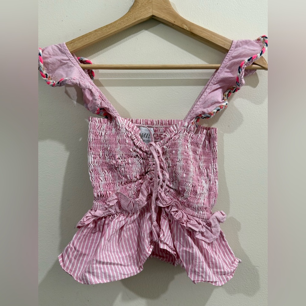 Misa Los Angeles Pink and White Striped Smocked Ruffle Cami